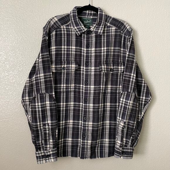 Vintage Woolrich Shirt Mens Large Black Plaid Flannel Elbow Patches Heavyweight - Picture 3 of 12